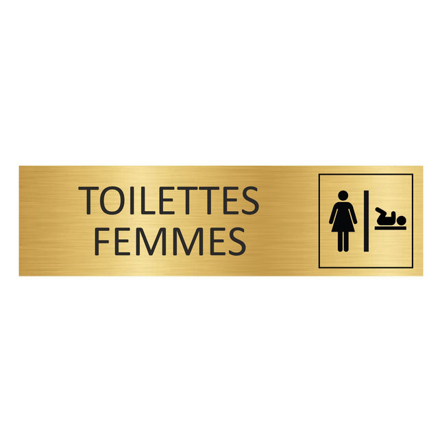Plaque de porte Toilettes femmes avec change bébé  - aluminium doré - 165 x 45 mm