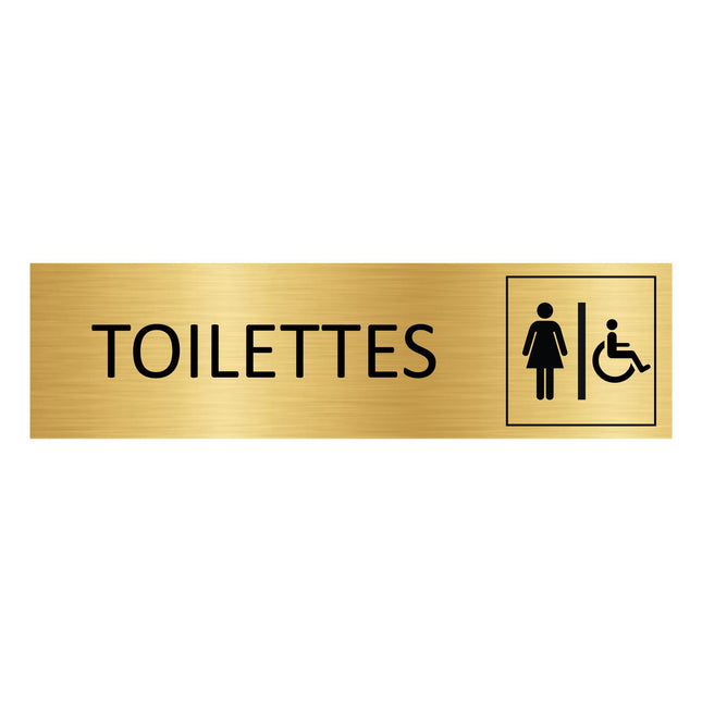 Plaque de porte  Toilettes femmes & accessibles - aluminium doré - 165 x 45 mm