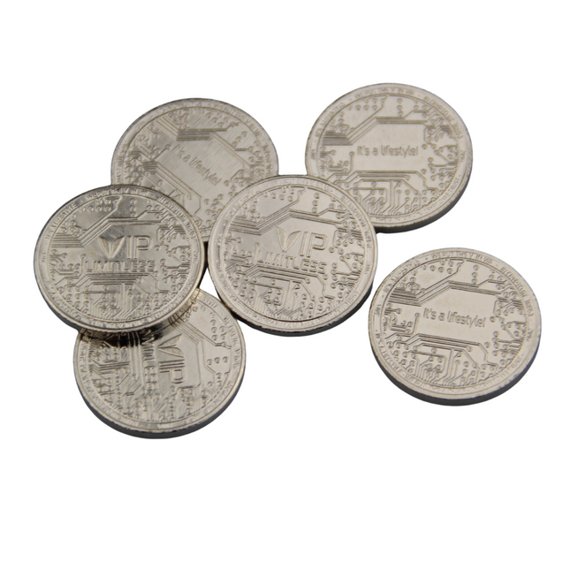 Jetons de buvette VIP Limitless en acier nickelé  Ø20 x 2,0mm - 100 pièces