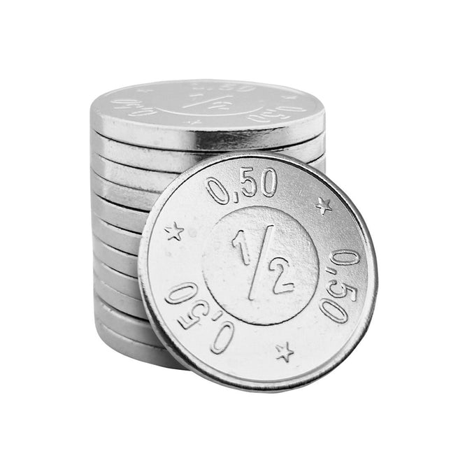 Jeton de buvette en acier nickelé 1/2 et 0,50 Ø24 x 2,3mm - 100 pièces