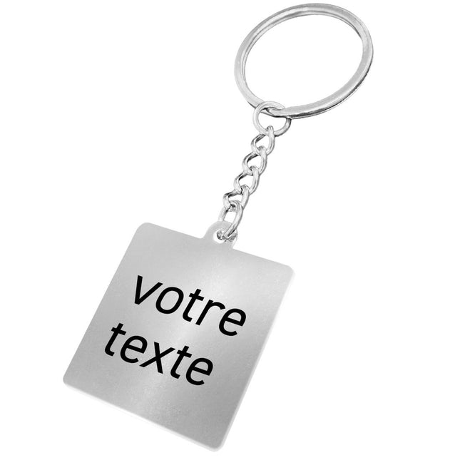 Porte-clés carré avec texte en acier inoxydable avec chaînette - par pièce