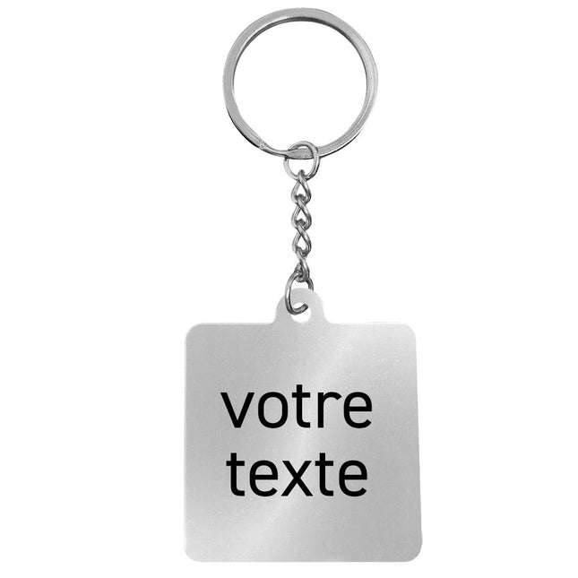 Porte-clés carré avec texte en acier inoxydable avec chaînette - par pièce