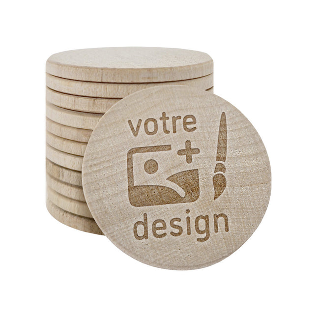 Jetons personnalisés gravés en bois -  Ø37 mm - 50 pièces