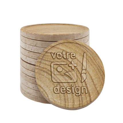 Jetons personnalisés gravés en relief avec motif en bois - Ø29 mm - 1000 pièces