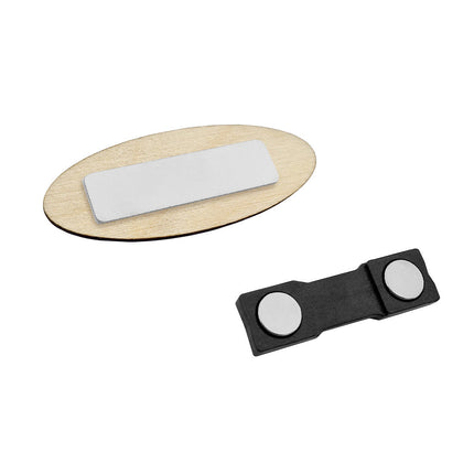 Badge nominatif ovale en bois - 65 x 25 mm - par pièce