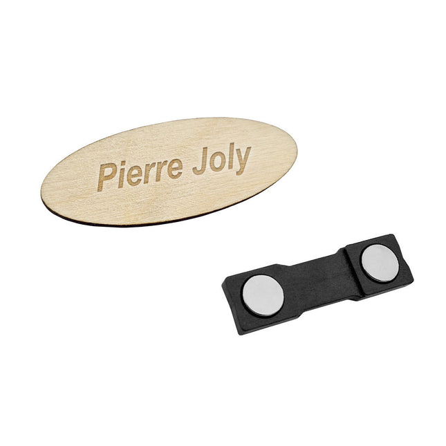 Badge nominatif ovale avec propre texte en bois - 65 x 25 mm - par pièce