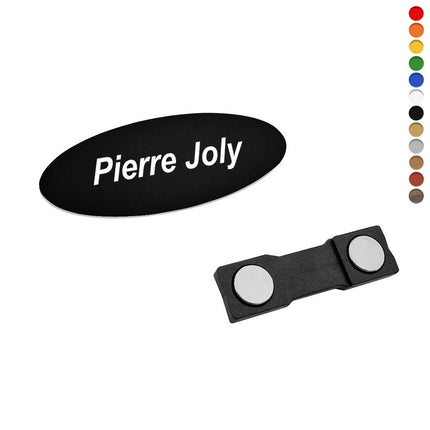 Badge nominatif ovale en plastique avec propre texte - 65 x 25 mm - par pièce