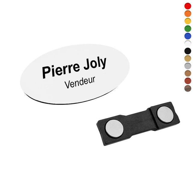 Badge nominatif ovale en plastique avec propre texte - 65 x 35 mm - par pièce