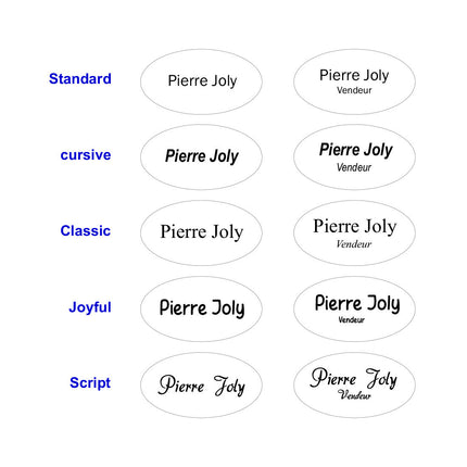 Badge nominatif ovale en plastique avec propre texte - 65 x 35 mm - par pièce