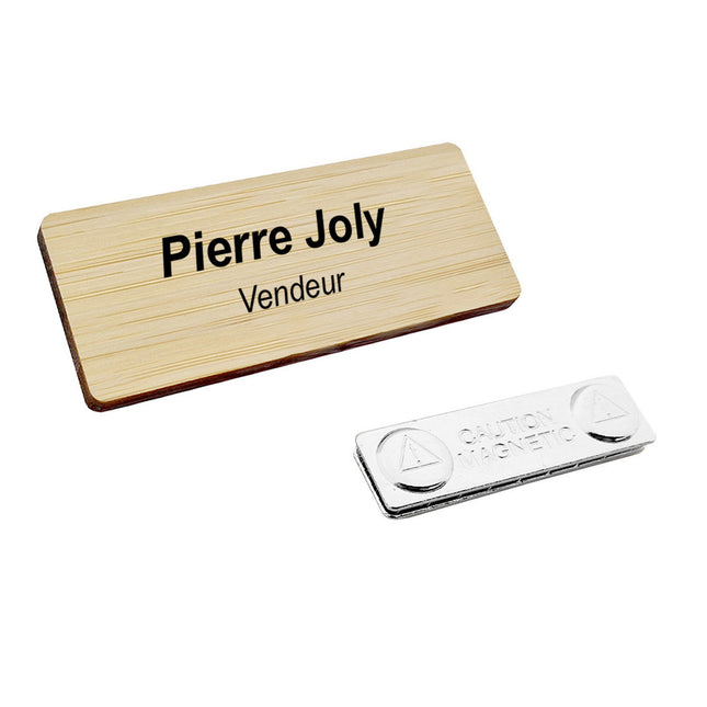 Badge nominatif avec propre texte en bambou avec aimant - 72 x 30 mm - par pièce