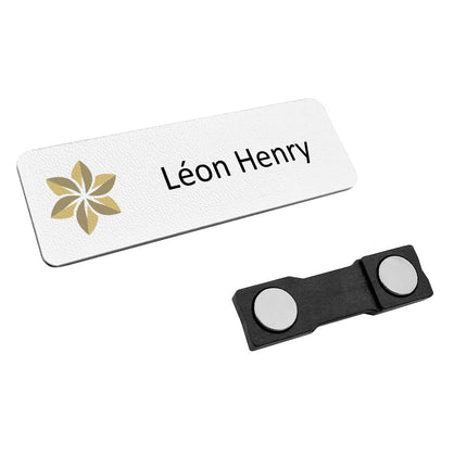 Badge nominatif en plastique avec propre texte fleur - 75 x 25 mm - par pièce