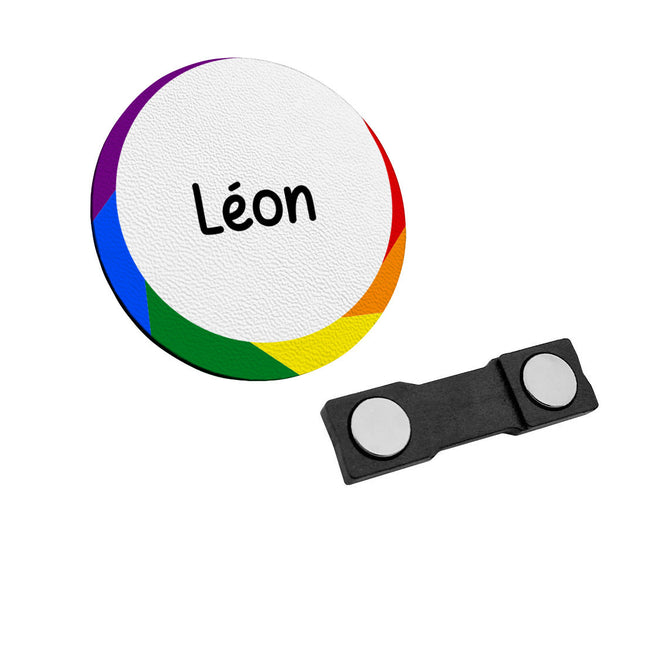 Badge nominatif en plastique avec propre texte arc-en-ciel - Ø50 mm - par pièce