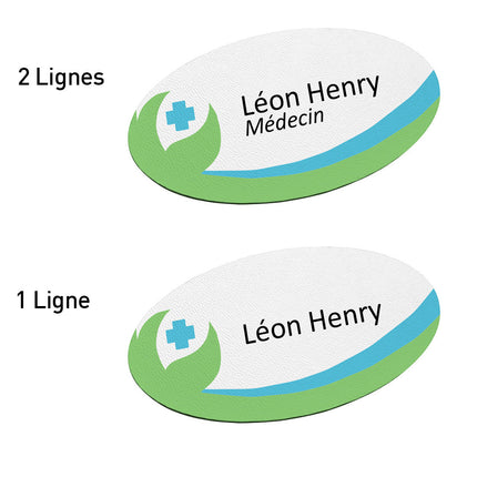 Badge nominatif en plastique avec propre texte - soins vert et bleu - 85 x 45 mm - par pièce