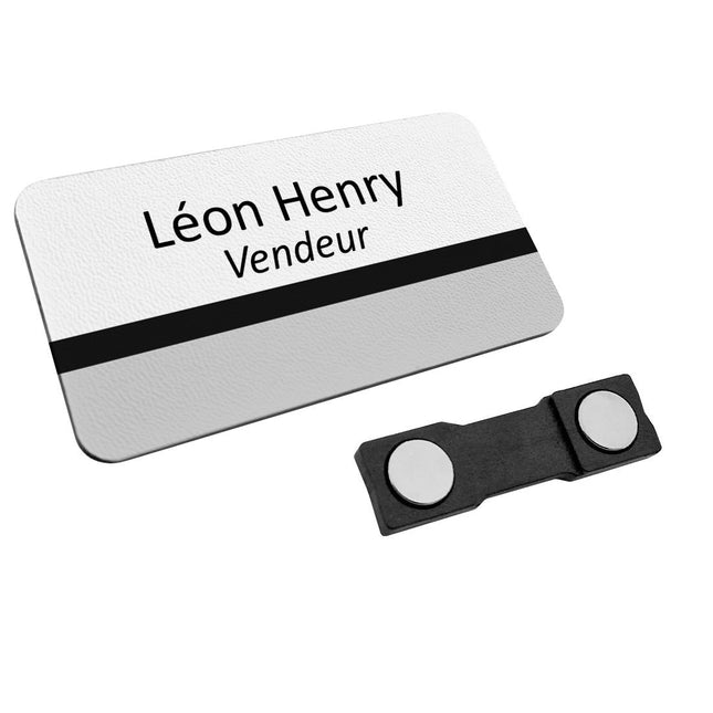 Badge nominatif en plastique avec propre texte - gris blanc noir - 75 x 40 mm - par pièce