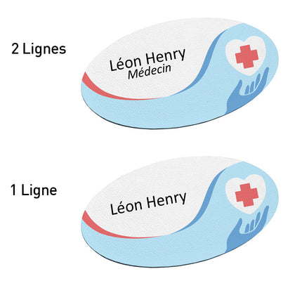 Badge nominatif en plastique avec propre texte - soins rouge et bleu - 85 x 45 mm - par pièce