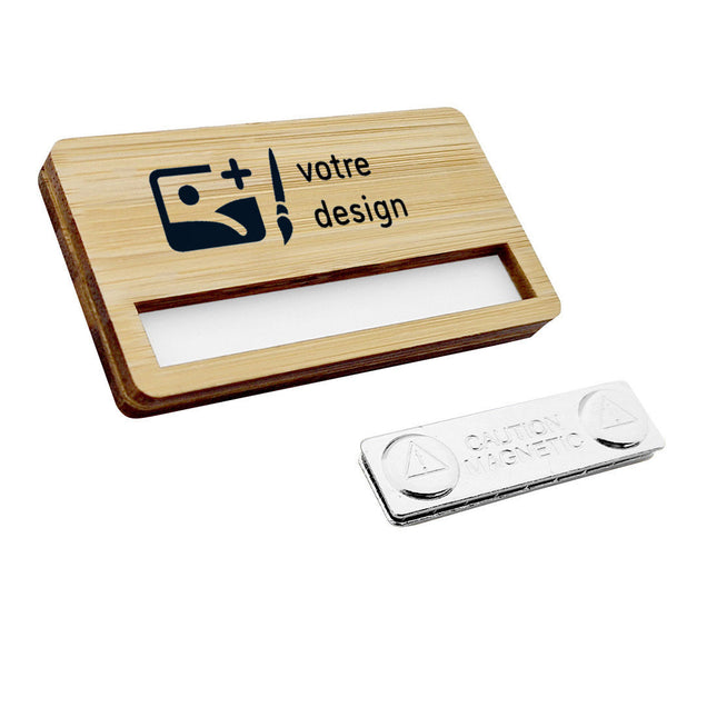 Badge nominatif personnalisé en bambou avec aimant - 72 x 38 mm - par pièce