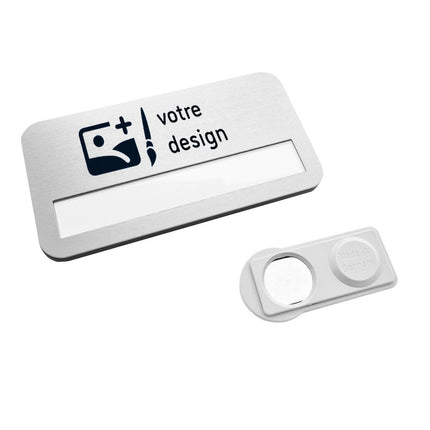 Badge nominatif personnalisé aluminium Badgemaster avec aimant - 72 x 38 mm - par pièce