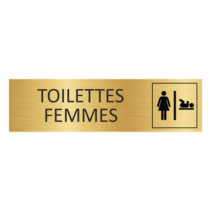 Plaque de porte Toilettes femmes avec change bébé  - aluminium doré - 165 x 45 mm