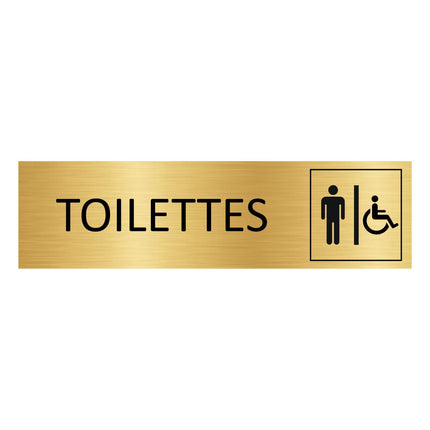 Plaque de porte Toilettes hommes & accessibles - aluminium doré - 165 x 45 mm