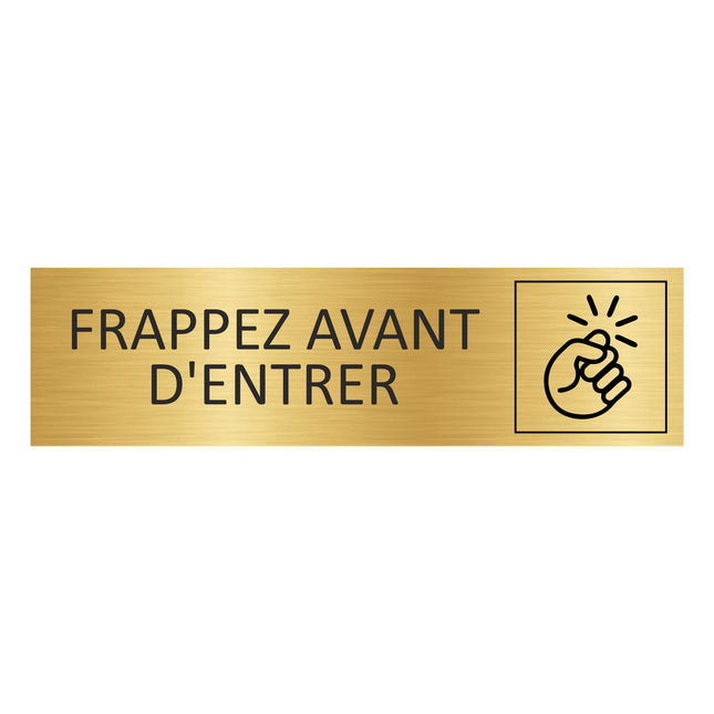 Plaque de porte Frappez avant d'entrer - aluminium doré - 165 x 45 mm