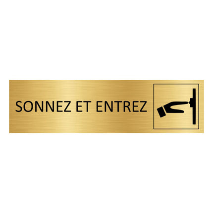 Plaque de porte Sonnez et entrez - aluminium doré - 165 x 45 mm