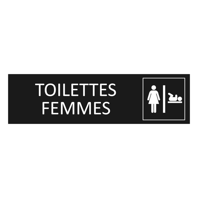 Plaque de porte Toilettes femmes avec change bébé  - aluminium noir  - 165 x 45 mm