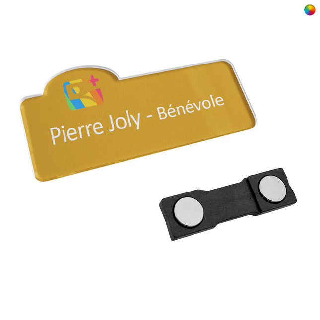 Badge nominatif plexiglas personnalisé avec propre forme maximum 80 x 45 mm - par pièce