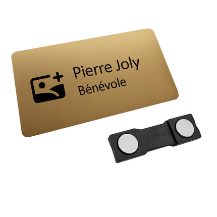 Badge nominatif personnalisé aluminium doré Symphonie - 75 x 40 mm - par pièce