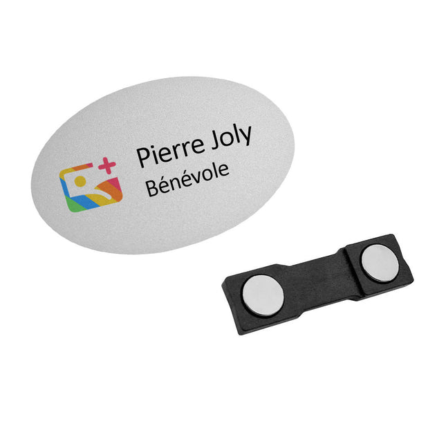 Badge nominatif personnalisé aluminium argenté Symphonie - 65 x 42,5 mm - par pièce