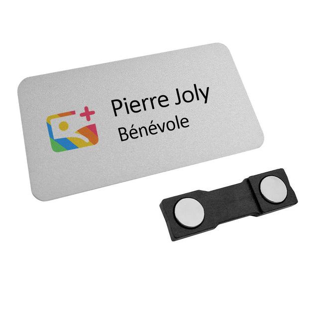 Badge nominatif personnalisé aluminium argenté Symphonie - 70 x 35 mm - par pièce