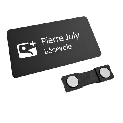 Badge nominatif personnalisé aluminium noir Symphonie - 75 x 40 mm - par pièce