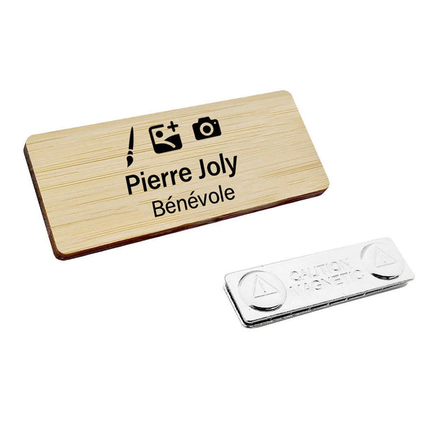 Badge nominatif personnalisé en bambou  - 72 x 30 mm - par pièce