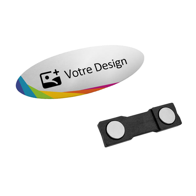 Badge nominatif ovale personnalisé - aluminium anodisé - 75 x 25 mm - par pièce