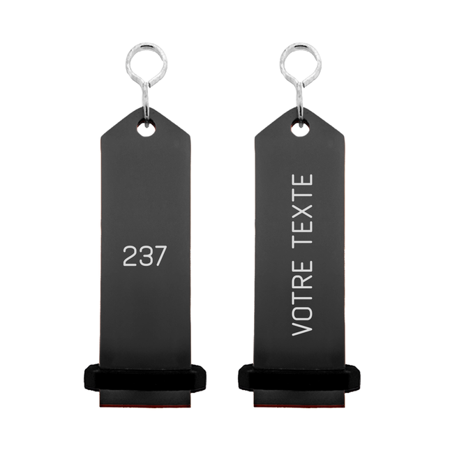 Porte-clés hôtel Boomerang noir personnalisé - aluminium -  100 x 30 mm - par pièce