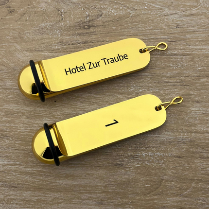 Porte-clés hôtel Classico doré - gravé en aluminium - 108 x 29 mm - par pièce