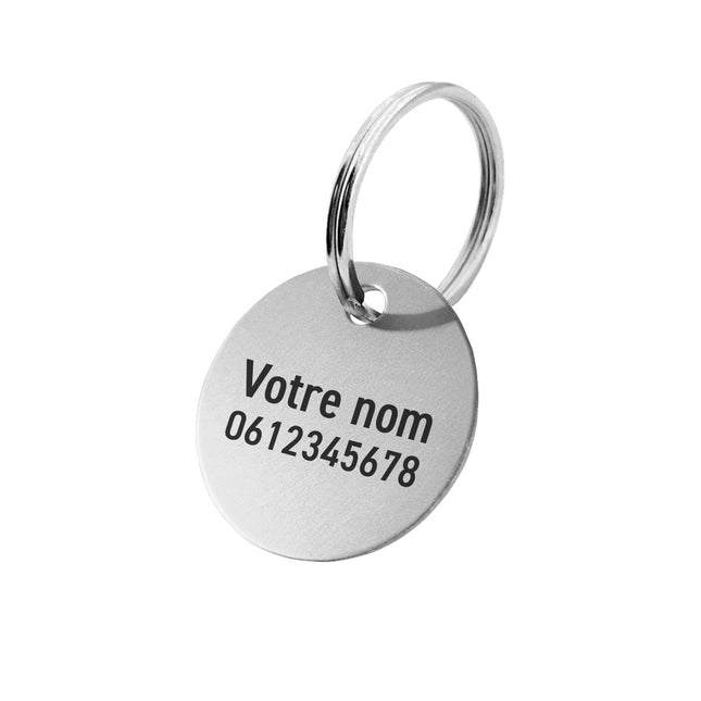 Porte-clés argenté avec nom et numéro de téléphone en aluminium anodisé rond - par pièce