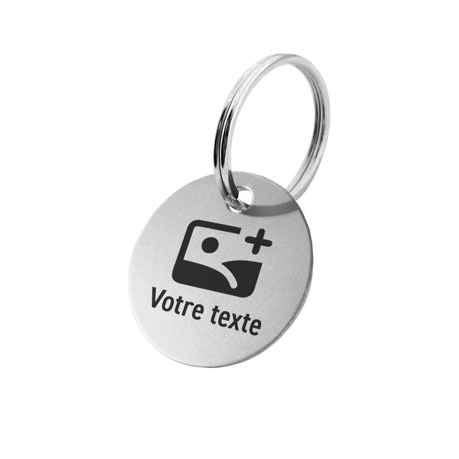 Porte-clés argenté avec texte et logo en aluminium anodisé rond - par pièce