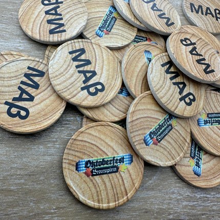 Jetons personnalisés avec motif en bois -  Ø35 mm - 100 pièces