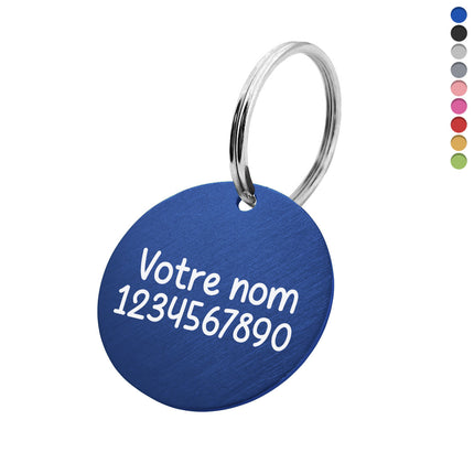 Porte-clés avec nom et numéro de téléphone en aluminium anodisé rond - Ø35 mm - par pièce