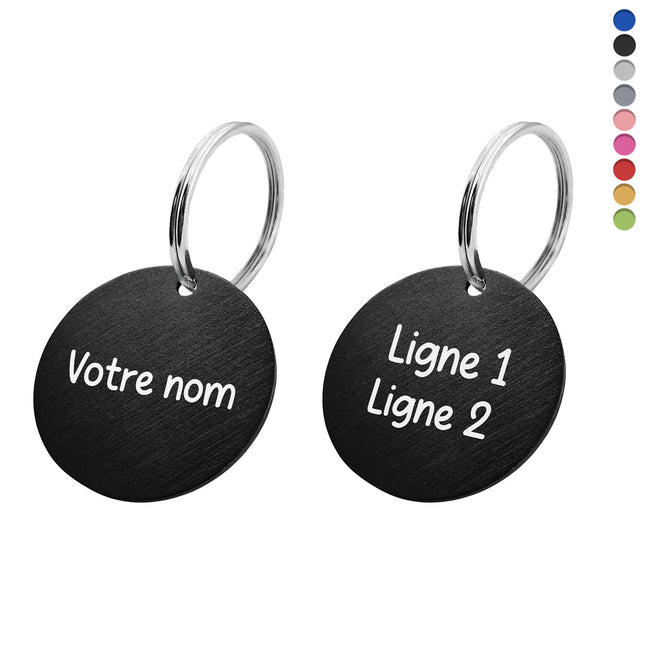 Porte-clés avec nom recto et texte verso en aluminium anodisé rond - Ø35 mm - par pièce