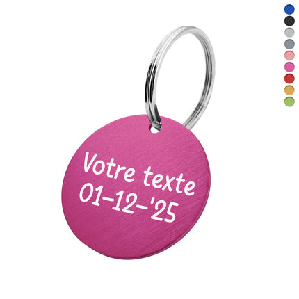 Porte-clés avec texte et date en aluminium anodisé rond - Ø35 mm - par pièce