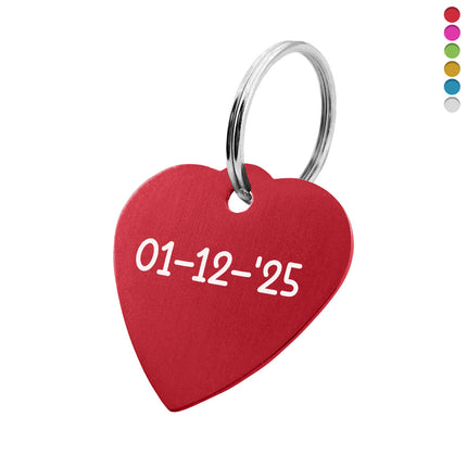 Porte-clés avec texte et date en aluminium anodisé cœur - 29 x 29 mm - par pièce