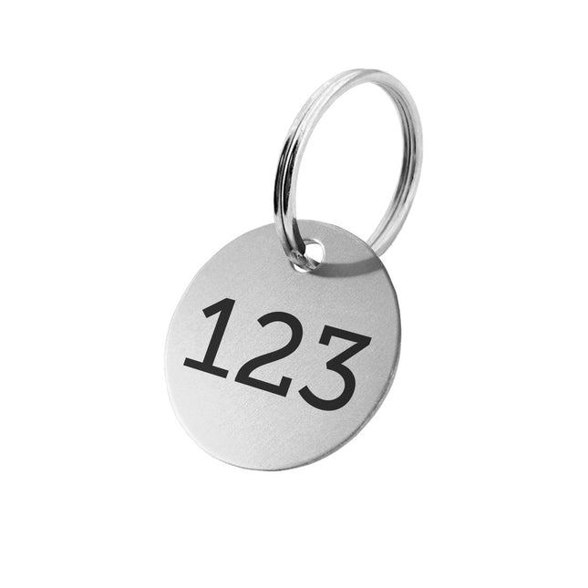 Porte-clés argenté numéroté en aluminium anodisé rond - par pièce