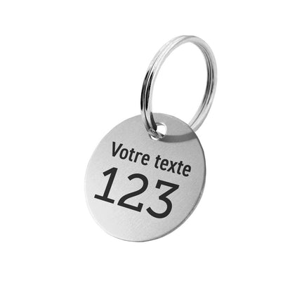 Porte-clés argenté numéroté avec texte en aluminium anodisé rond - par pièce