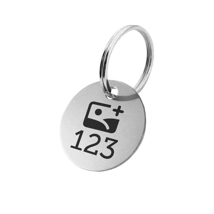 Porte-clés argenté numéroté et logo en aluminium anodisé rond - par pièce