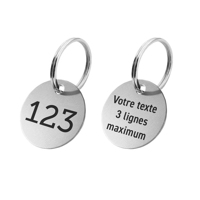 Porte-clés argenté numéroté recto avec texte verso en aluminium anodisé rond - par pièce