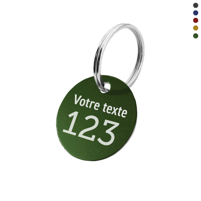 Porte-clés numéroté avec texte en aluminium anodisé rond - par pièce