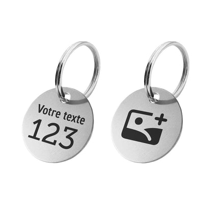 Porte-clés argenté numéroté avec texte recto et logo verso en aluminium anodisé rond - par pièce