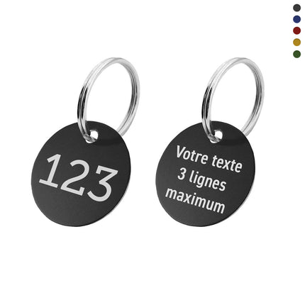 Porte-clés numéroté recto avec texte verso en aluminium anodisé rond - par pièce