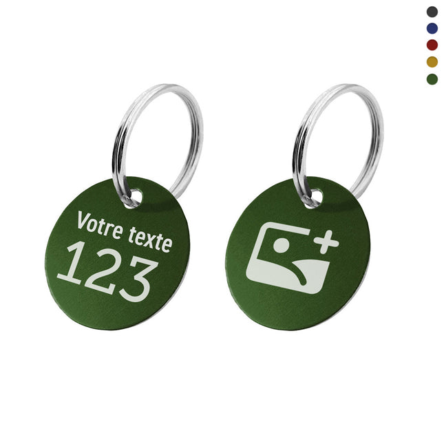 Porte-clés numéroté et texte recto avec logo verso en aluminium anodisé rond - par pièce